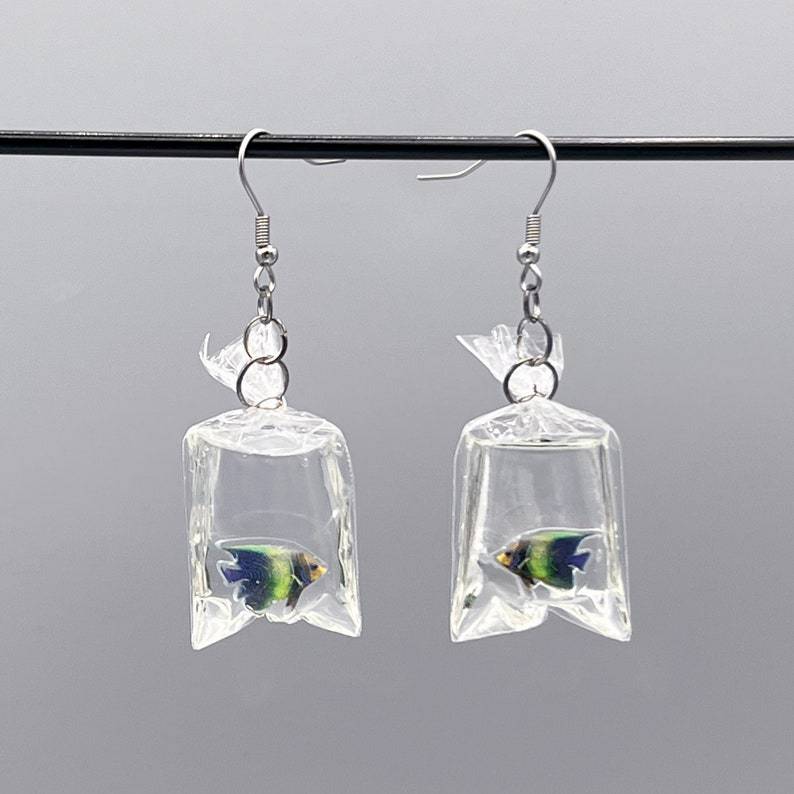 Cat's catch fish drop earrings – playful cat lover jewelry