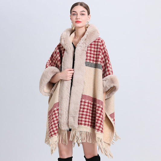 Cozy Hooded Plaid Poncho Cardigan