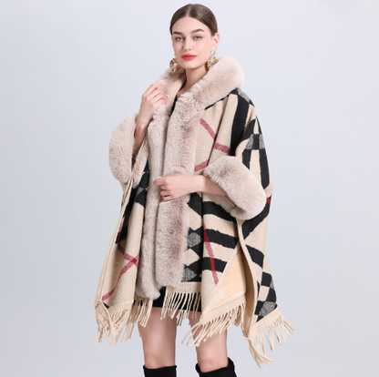 Cozy Hooded Plaid Poncho Cardigan
