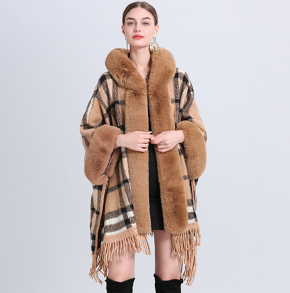 Cozy Hooded Plaid Poncho Cardigan
