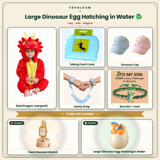 My Little Dragon Vibe Set – 7-piece toddler gift bundle with dragon jumpsuit, dino bracelet and cap