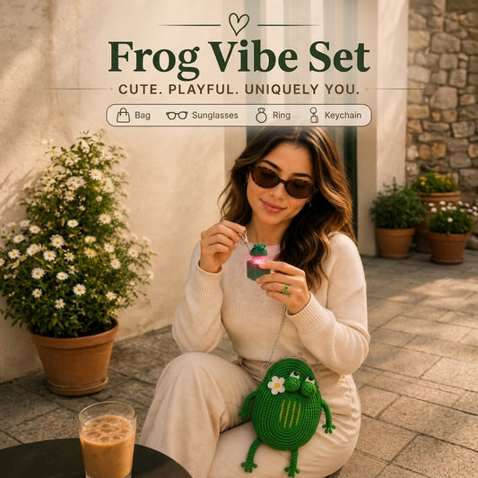 Frog Vibe Set – 5-piece quirky gift bundle with frog bag, sunglasses, rings, keychain and lucky coin