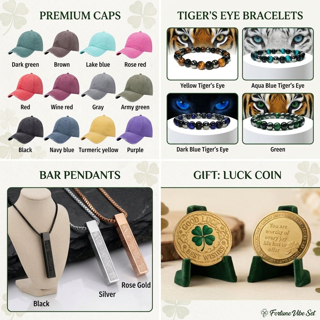Fortune Vibe Set – 4-piece good luck gift bundle with dad cap, tiger's eye bracelet and protection necklace