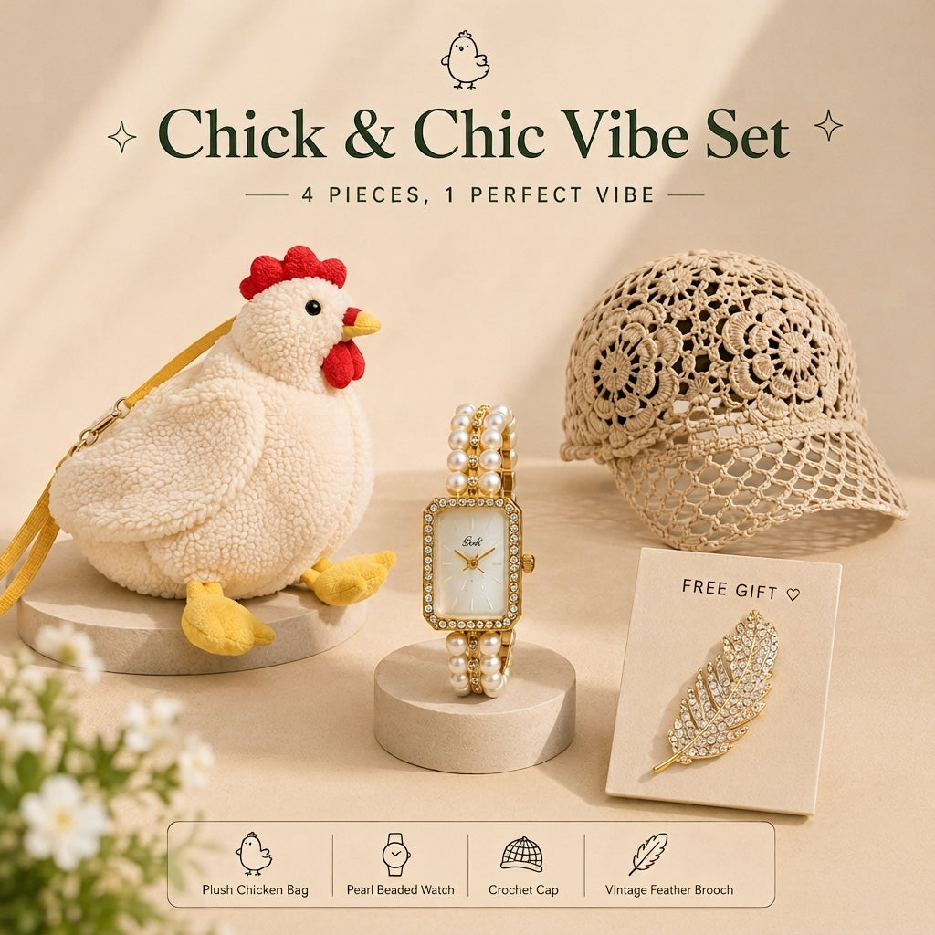 Chick & Chic Vibe Set – quirky fashion gift bundle with plush chicken bag, pearl watch, crochet cap and Free gift – vintage golden feather brooch included with every order