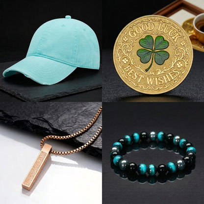 Fortune Vibe Set – 4-piece good luck gift bundle with dad cap, tiger's eye bracelet and protection necklace