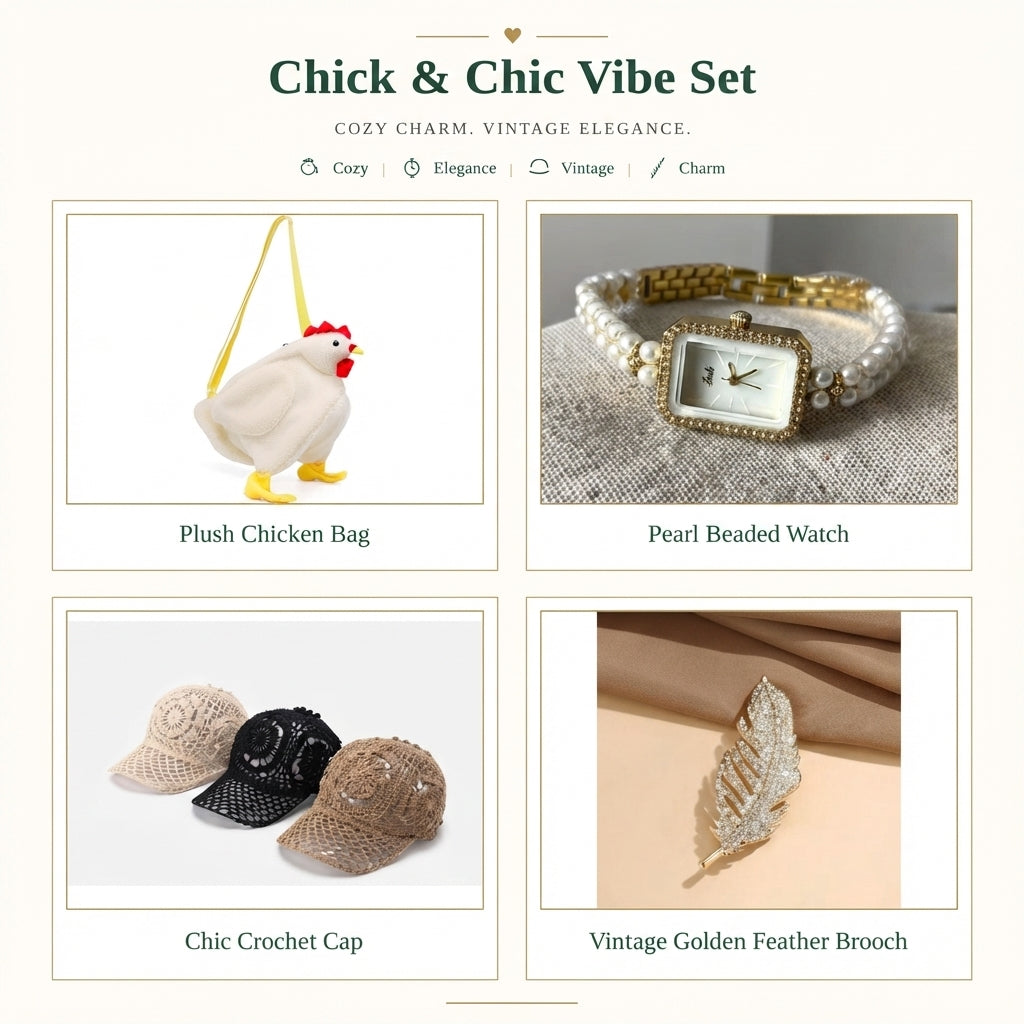 Chick & Chic Vibe Set – quirky fashion gift bundle with plush chicken bag, pearl watch, crochet cap and Free gift – vintage golden feather brooch included with every order