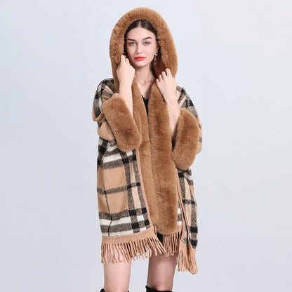 Cozy Hooded Plaid Poncho Cardigan