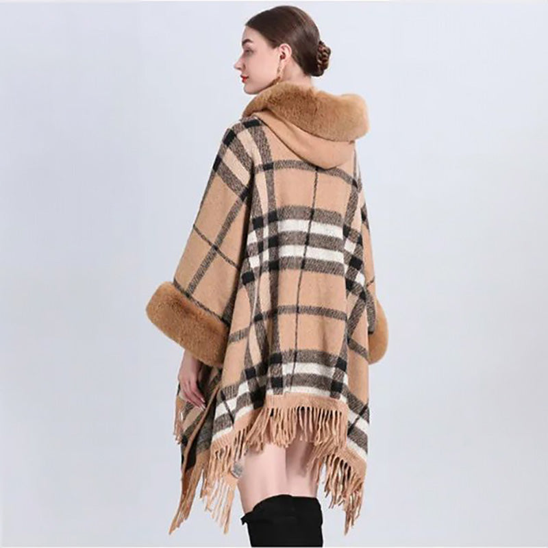 Cozy Hooded Plaid Poncho Cardigan