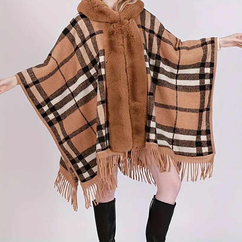 Cozy Hooded Plaid Poncho Cardigan