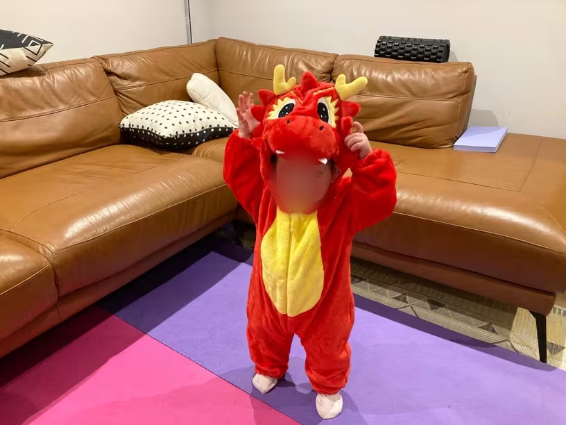 Red dragon jumpsuit for toddlers – soft 100% polyester flannel with 3D embroidered dragon