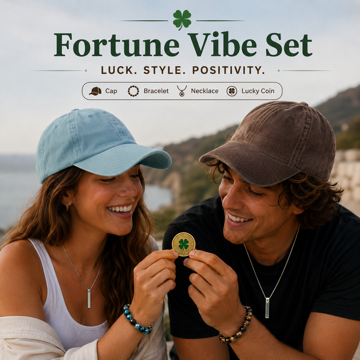 Fortune Vibe Set – 4-piece good luck gift bundle with dad cap, tiger's eye bracelet and protection necklace