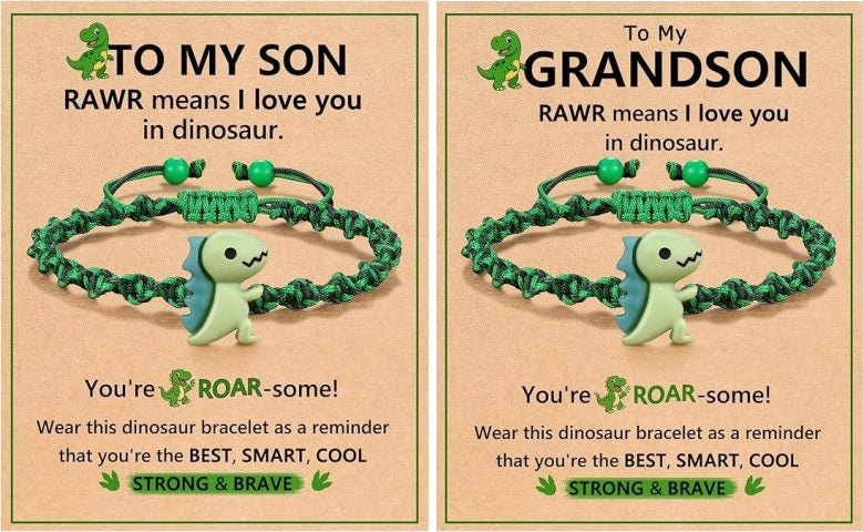 Dinosaur bracelet with special heartfelt card – keepsake gift for grandson or son