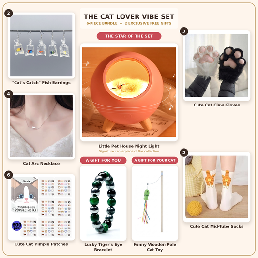 Cat Lover Vibe Set – 8-piece cat gift bundle with night light, earrings, necklace, socks and more