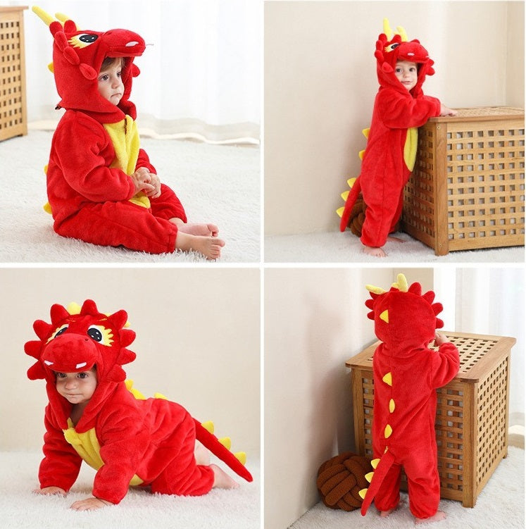 Red dragon jumpsuit for toddlers – soft 100% polyester flannel with 3D embroidered dragon