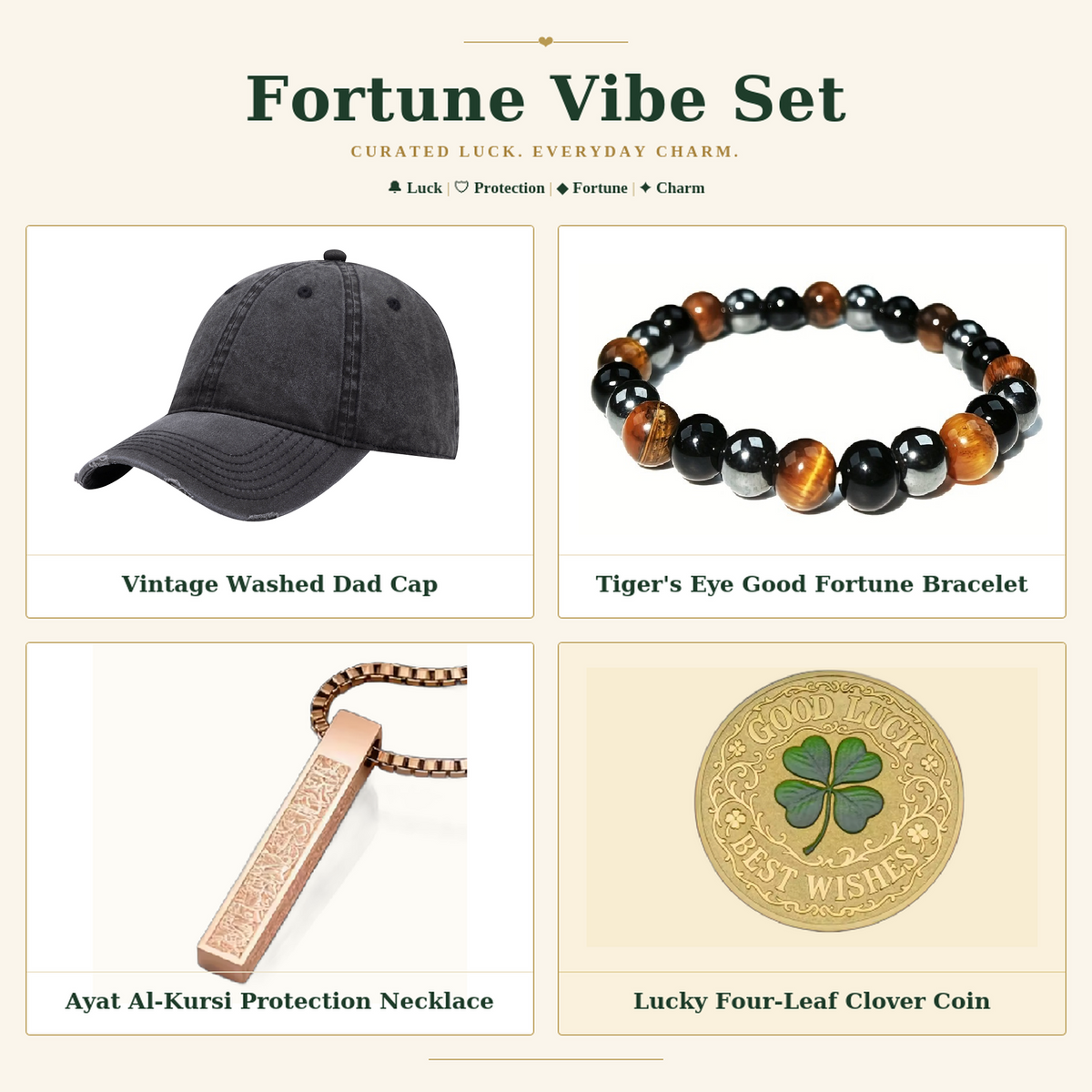 Fortune Vibe Set – 4-piece good luck gift bundle with dad cap, tiger's eye bracelet and protection necklace