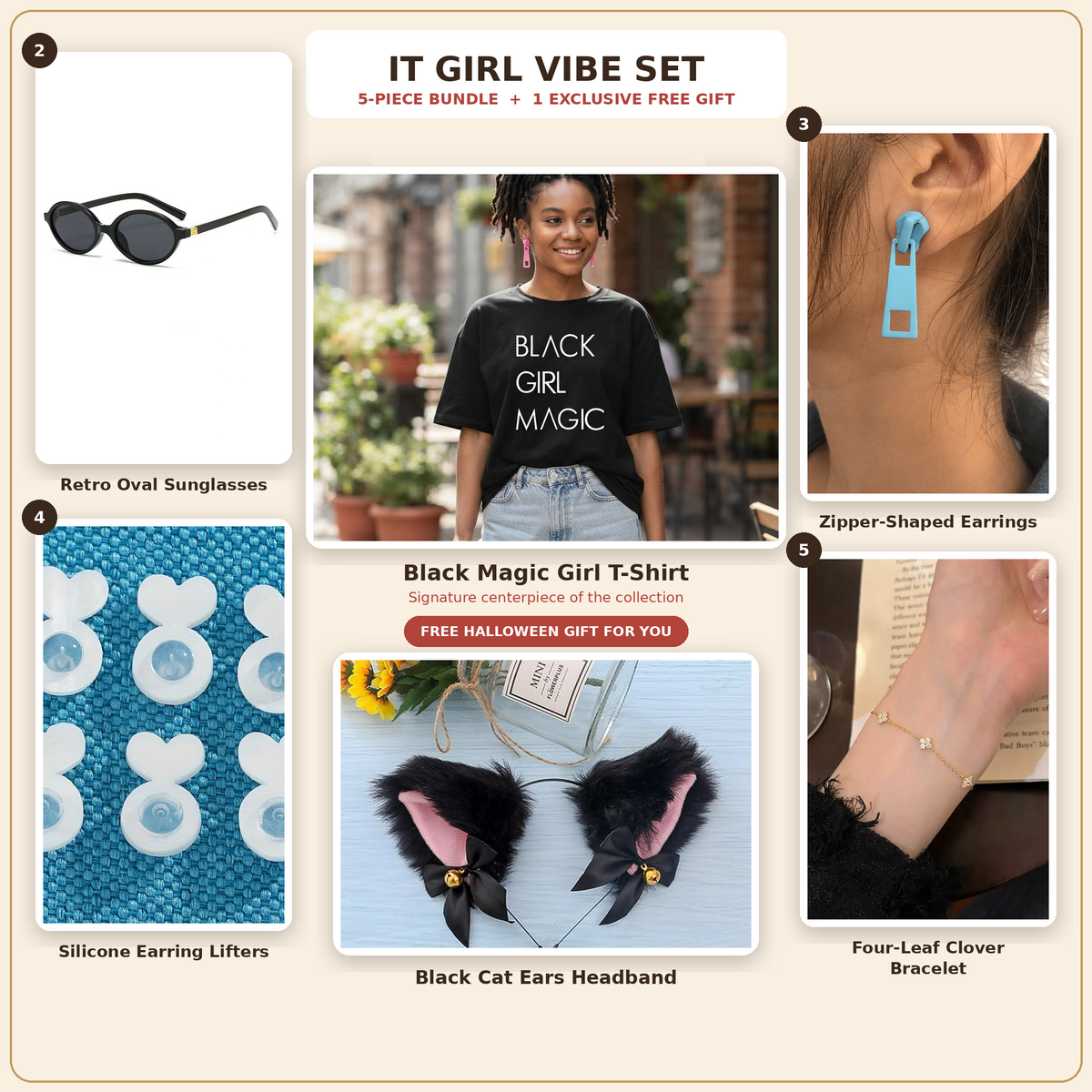 It Girl Vibe Set – 5-piece aesthetic fashion bundle with black tee, earrings, sunglasses and clover bracelet