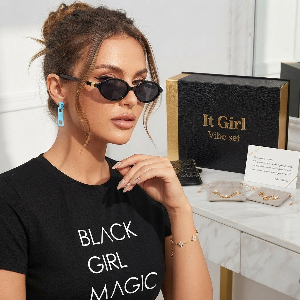 It Girl Vibe Set – 5-piece aesthetic fashion bundle with black tee, earrings, sunglasses and clover bracelet