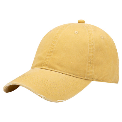 A yellow distressed baseball cap