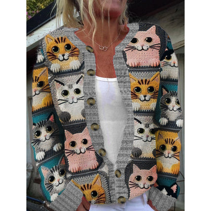 Cat Lover’s Printed Knitted Cardigan