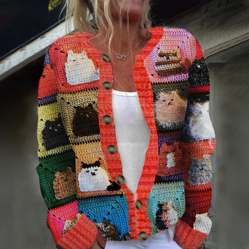 Cat Lover’s Printed Knitted Cardigan