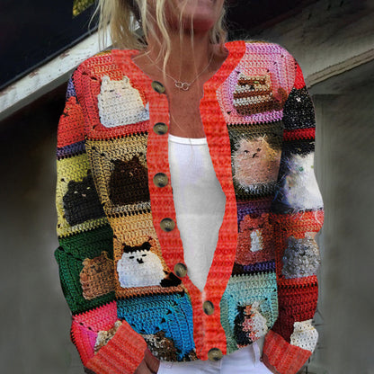 Cat Lover’s Printed Knitted Cardigan
