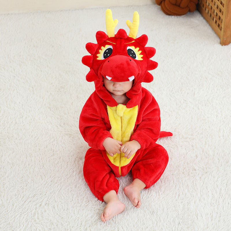 Red dragon jumpsuit for toddlers – soft 100% polyester flannel with 3D embroidered dragon