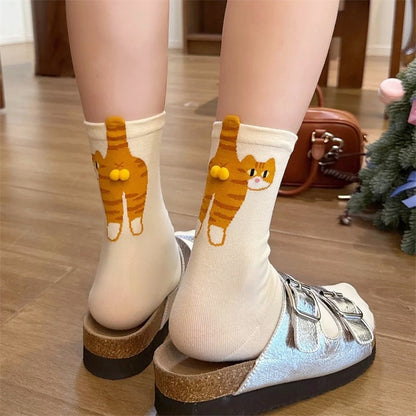 Cat mid-tube socks with 3D plush balls – fun cartoon cat design