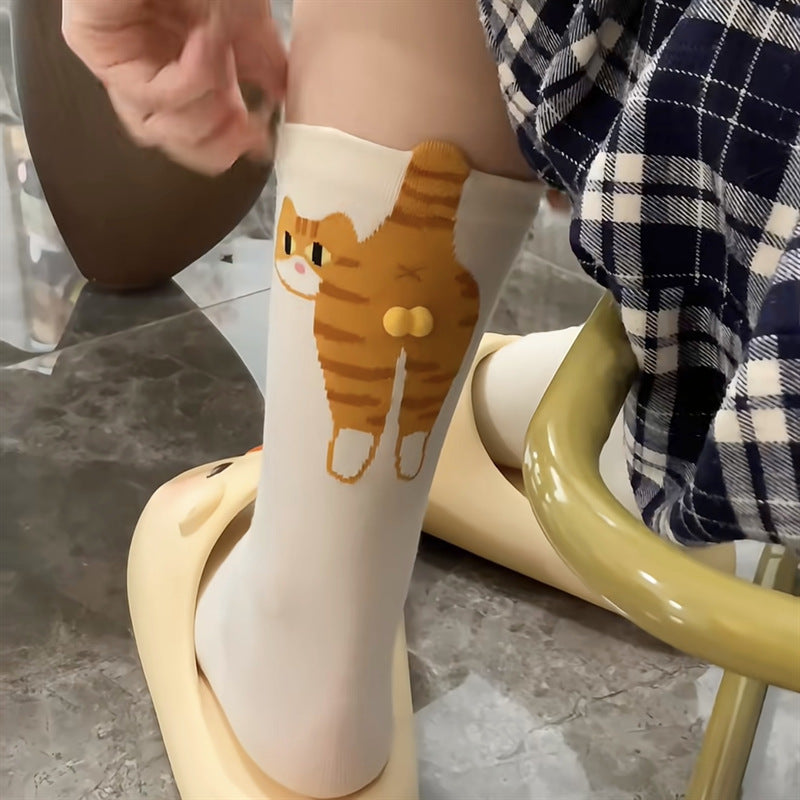 Cat mid-tube socks with 3D plush balls – fun cartoon cat design
