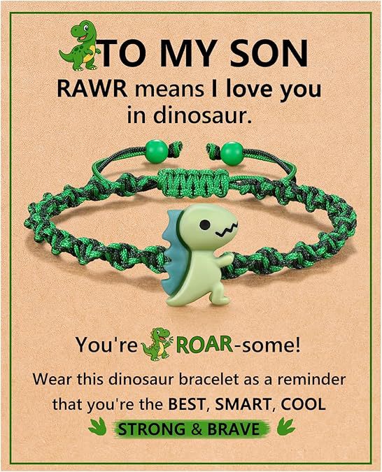 Dinosaur bracelet with special heartfelt card – keepsake gift for grandson or son